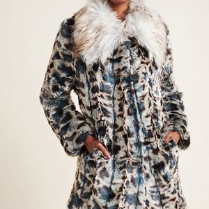 Anthropologie Blue Leopard Faux Fur Coat by Fur by Urf-60% OFF MSRP
